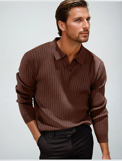 Striped Long Sleeve Polo - Brown