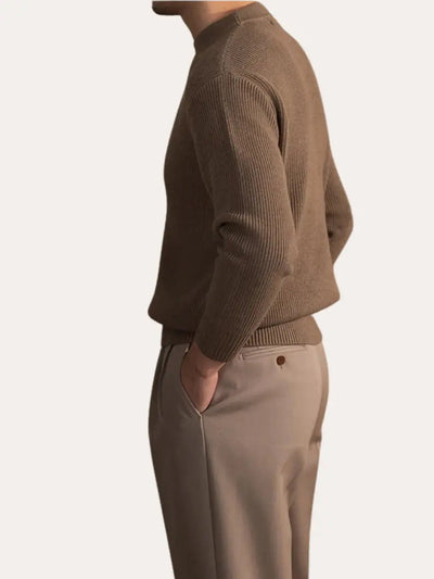 Ribbed Crew Neck Sweater - Brown