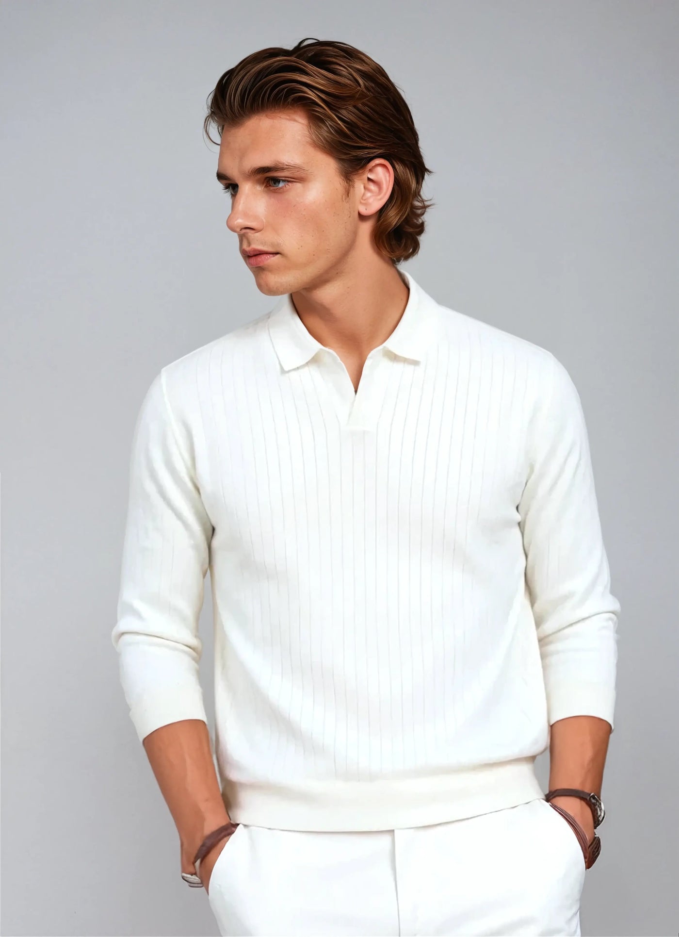 Striped Long Sleeve Polo - White