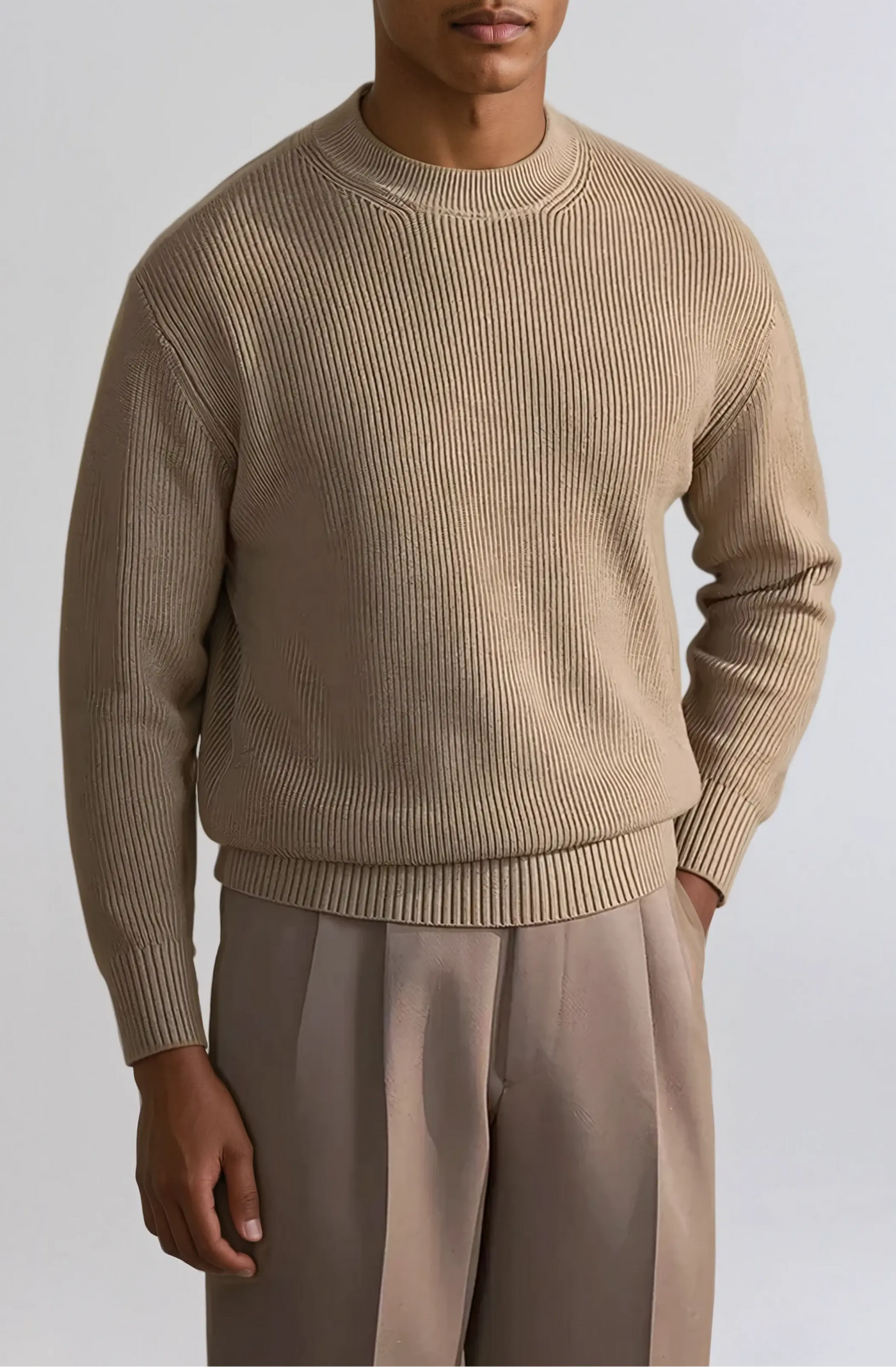 Ribbed Crew Neck Sweater - Khaki