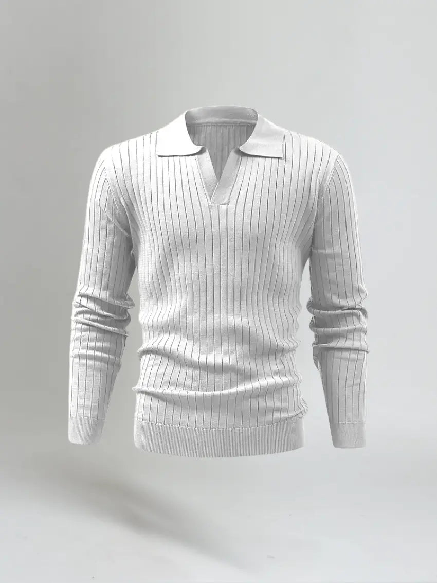 Striped Long Sleeve Polo - White