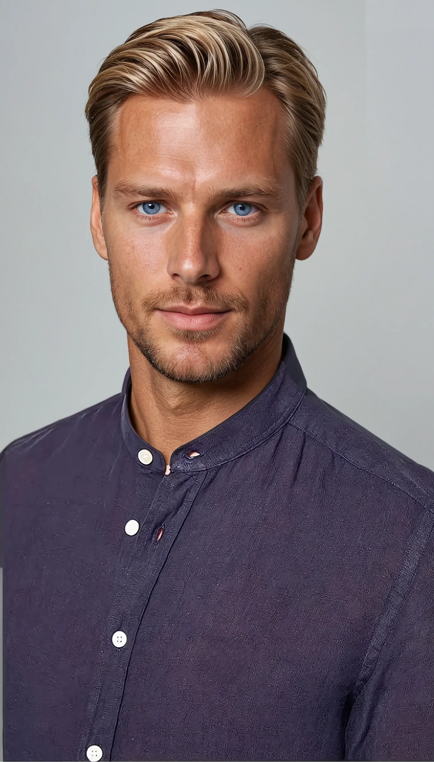 Linen Band Collar Shirt - Navy Blue