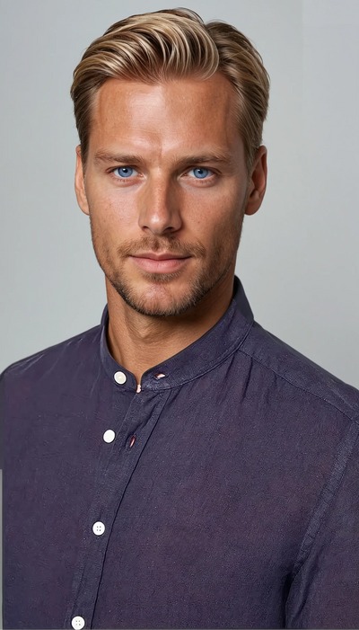 Linen Band Collar Shirt - Navy Blue