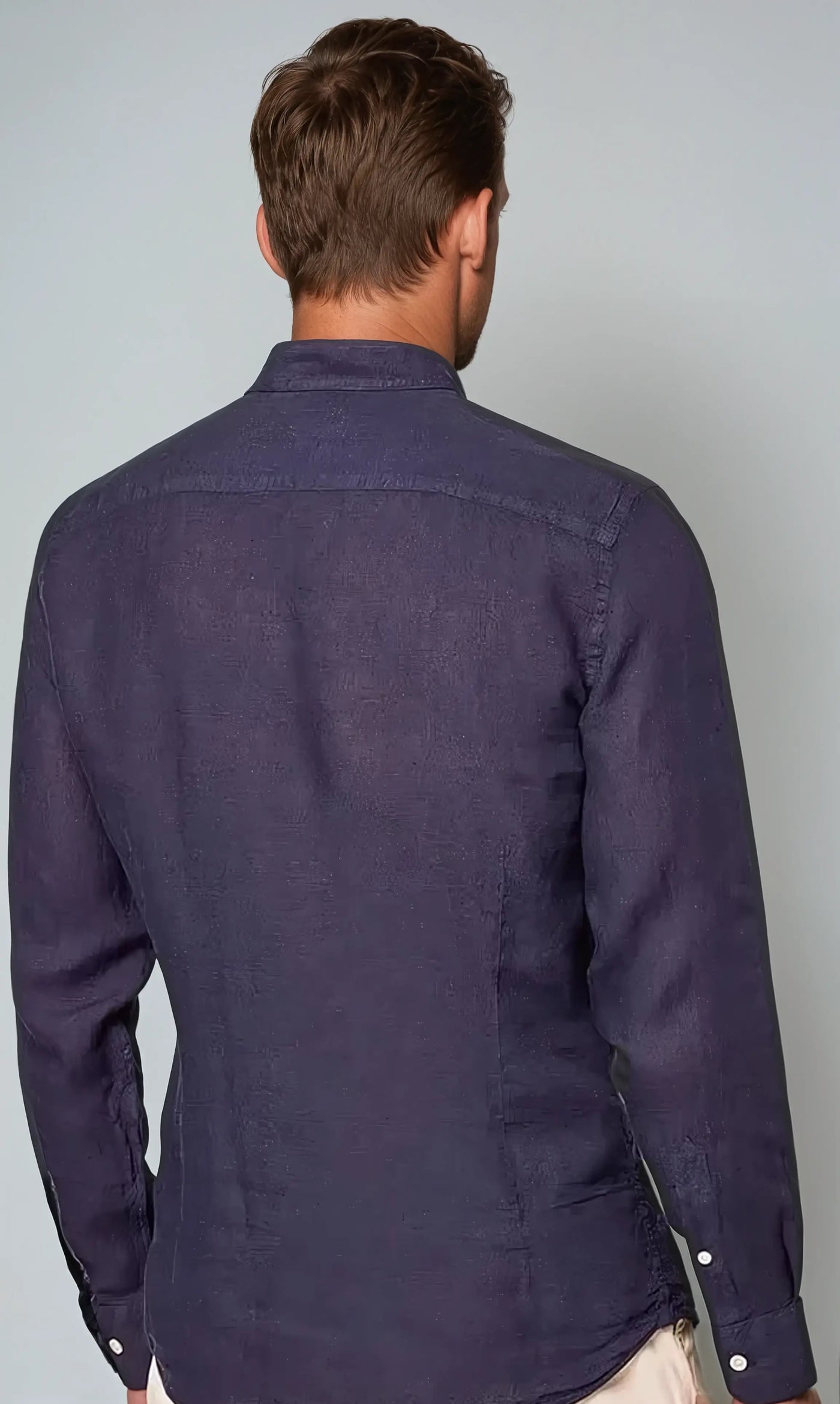 Linen Band Collar Shirt - Navy Blue