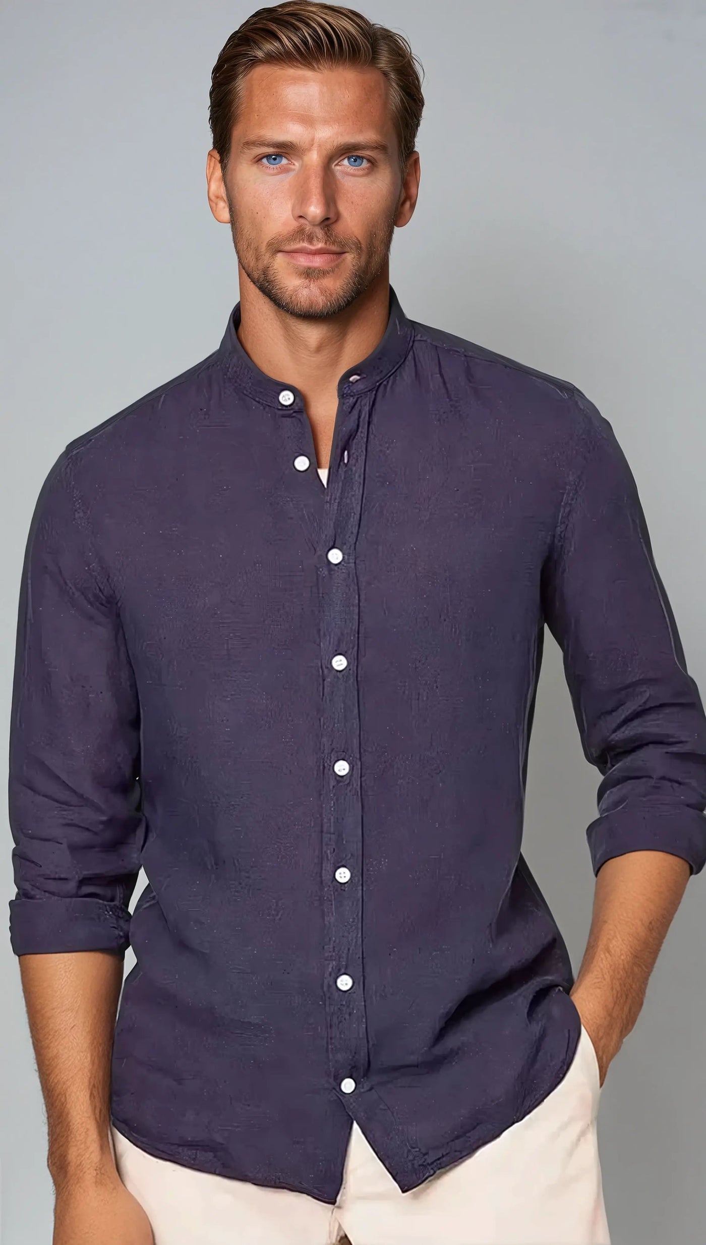 Linen Band Collar Shirt - Navy Blue