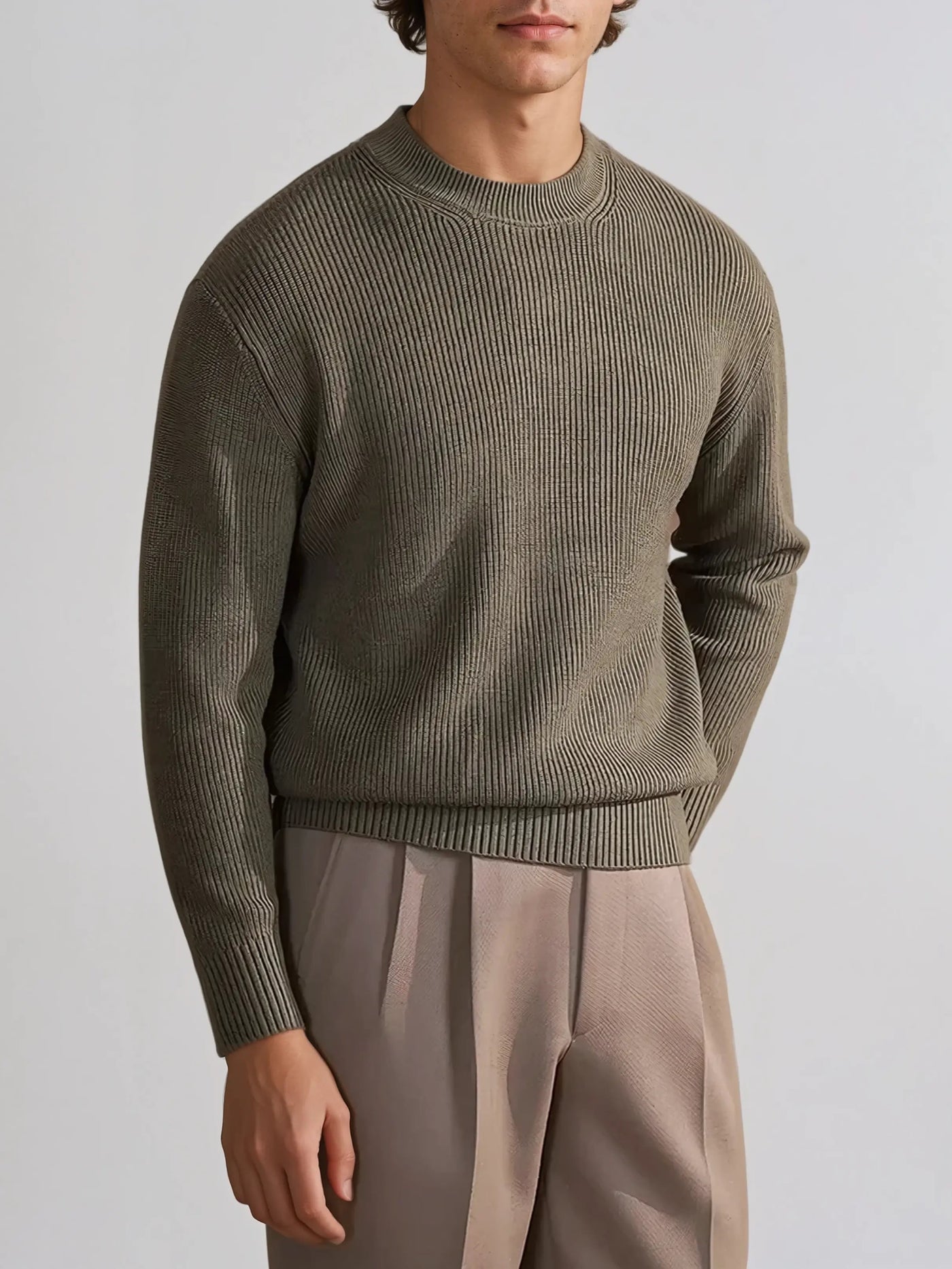 Ribbed Crew Neck Sweater - Olive Green